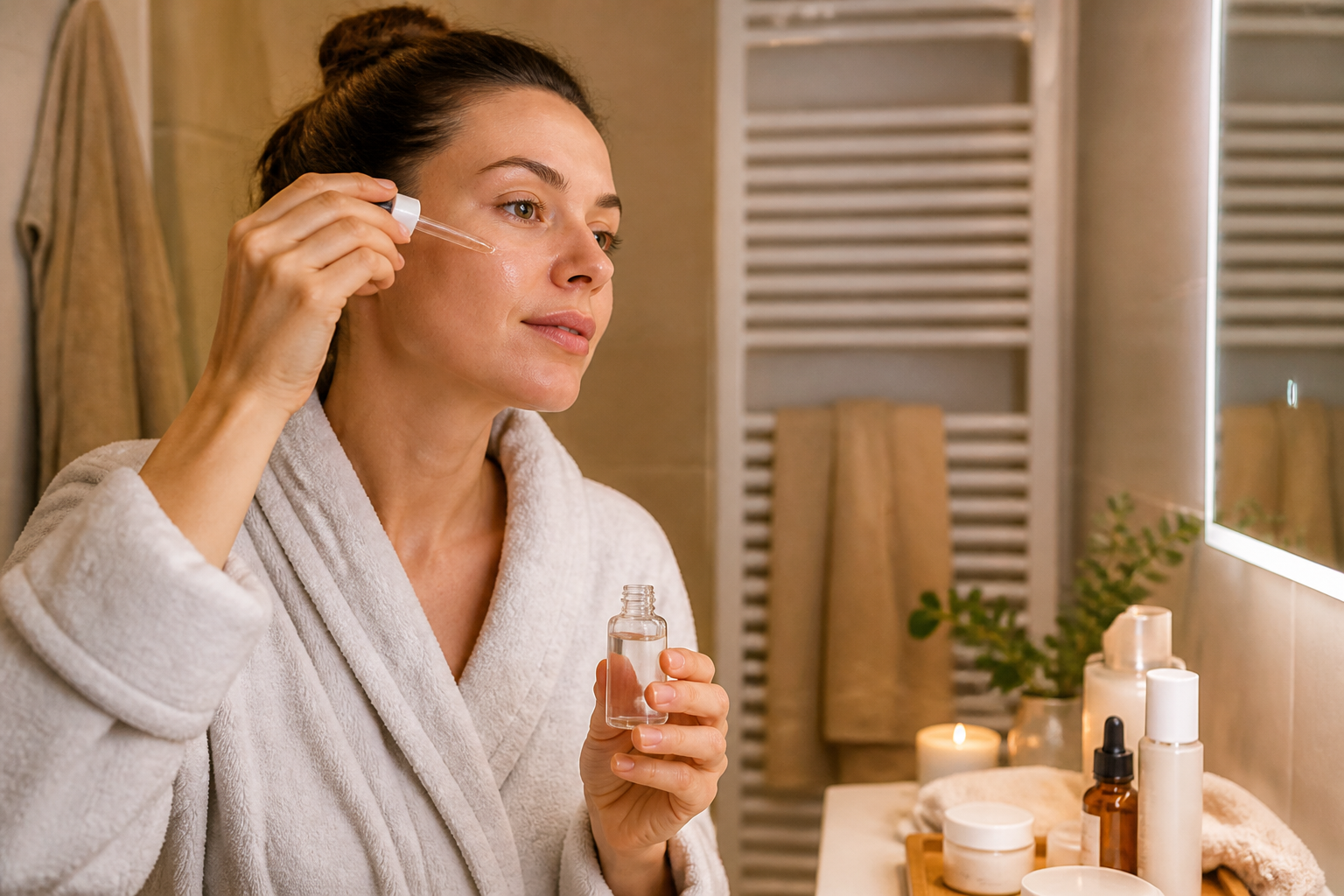 Eine junge Frau wendet in einer warmen Badezimmerumgebung achtsam Hautpflegeprodukte als Teil ihrer Abendroutine an, um ihre Haut im Winter zu schützen.