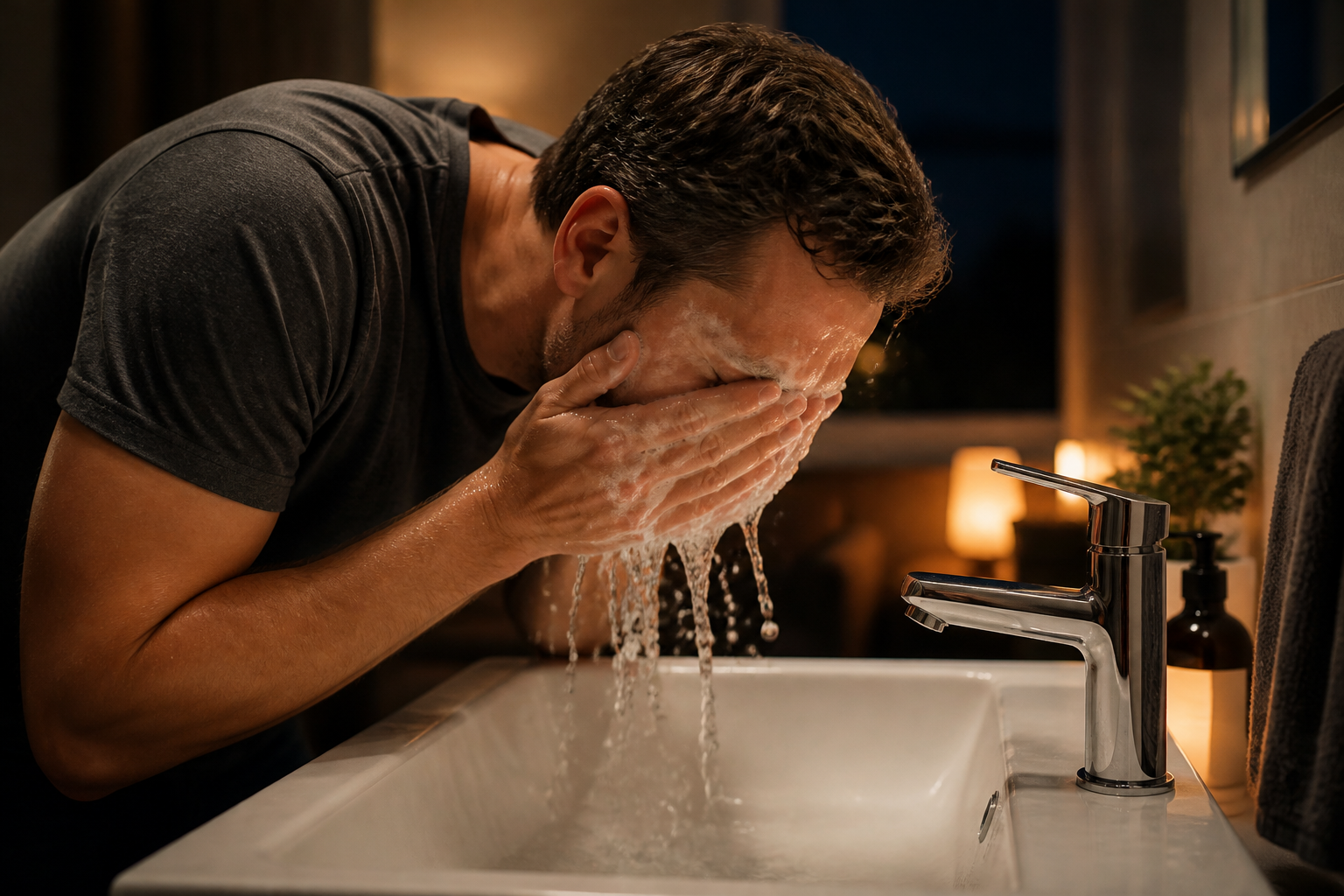 Mann reinigt am Abend sein Gesicht mit Wasser und sanftem Schaum im Rahmen der Hautpflege Tipps für Männer