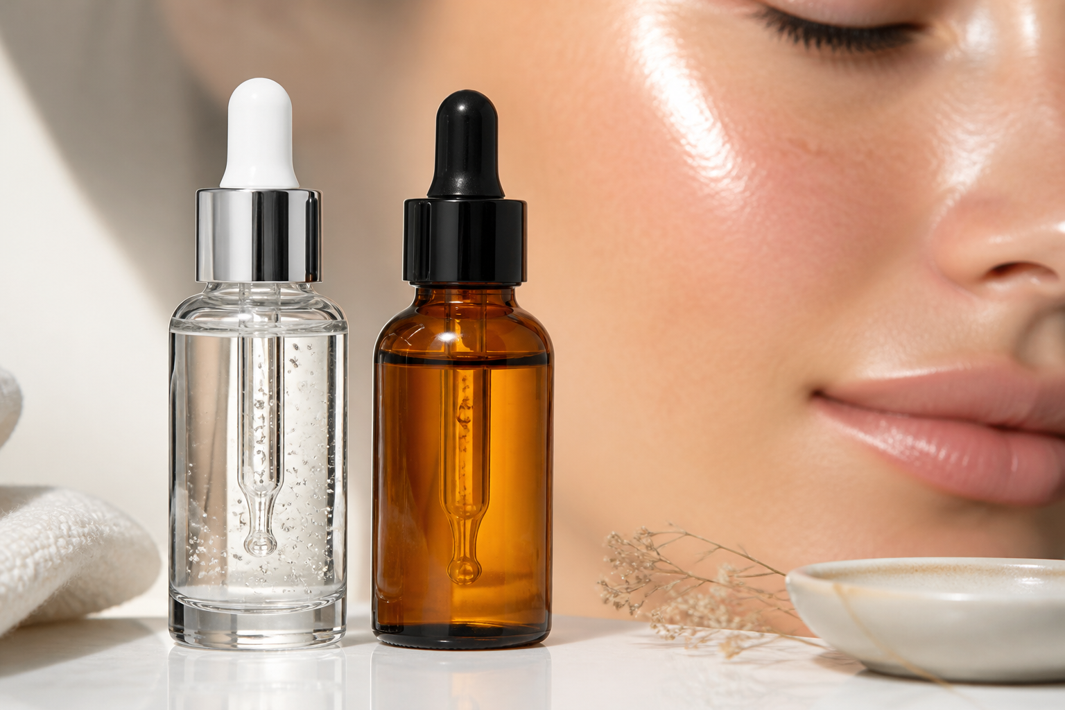 Ein Hyaluronsäure-Serum und ein Gesichtsöl stehen zusammen und symbolisieren die Kombination aus Feuchtigkeit und Schutz für die Haut.