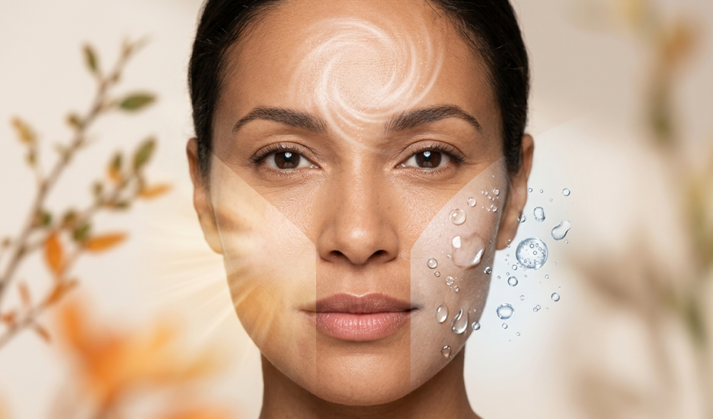 Hyaluron vs Retinol vs Vitamin C nach Alter: Nahaufnahme einer Frau mit strahlender Haut, die symbolisch die Vorteile von Hyaluron, Retinol und Vitamin C für verschiedene Altersgruppen darstellt.