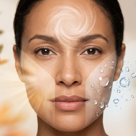 Hyaluron vs Retinol vs Vitamin C nach Alter: Nahaufnahme einer Frau mit strahlender Haut, die symbolisch die Vorteile von Hyaluron, Retinol und Vitamin C für verschiedene Altersgruppen darstellt.