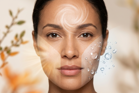 Hyaluron vs Retinol vs Vitamin C nach Alter: Nahaufnahme einer Frau mit strahlender Haut, die symbolisch die Vorteile von Hyaluron, Retinol und Vitamin C für verschiedene Altersgruppen darstellt.