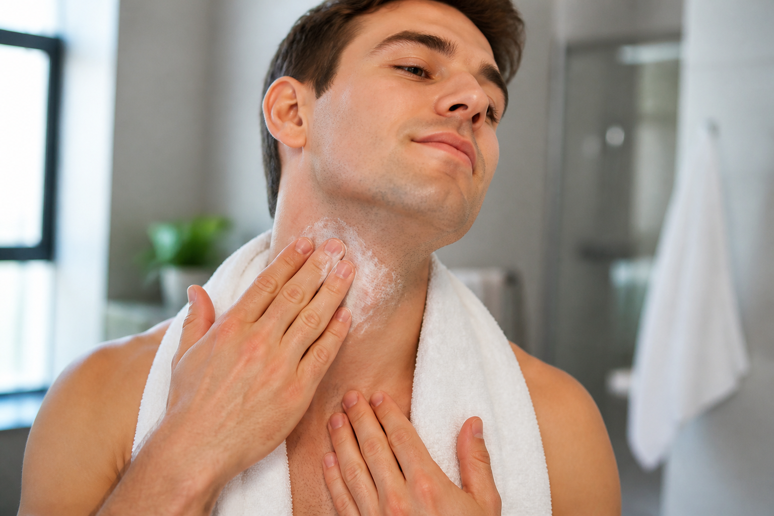hautpflege tipps für männer: Anwendung von beruhigendem Balsam nach der Rasur zur Milderung von Hautirritationen und Rasurbrand