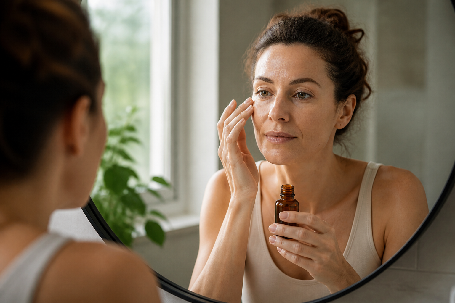 Frau in den 30ern, die sorgfältig Retinol auf ihr Gesicht aufträgt, um erste feine Linien zu mildern.
