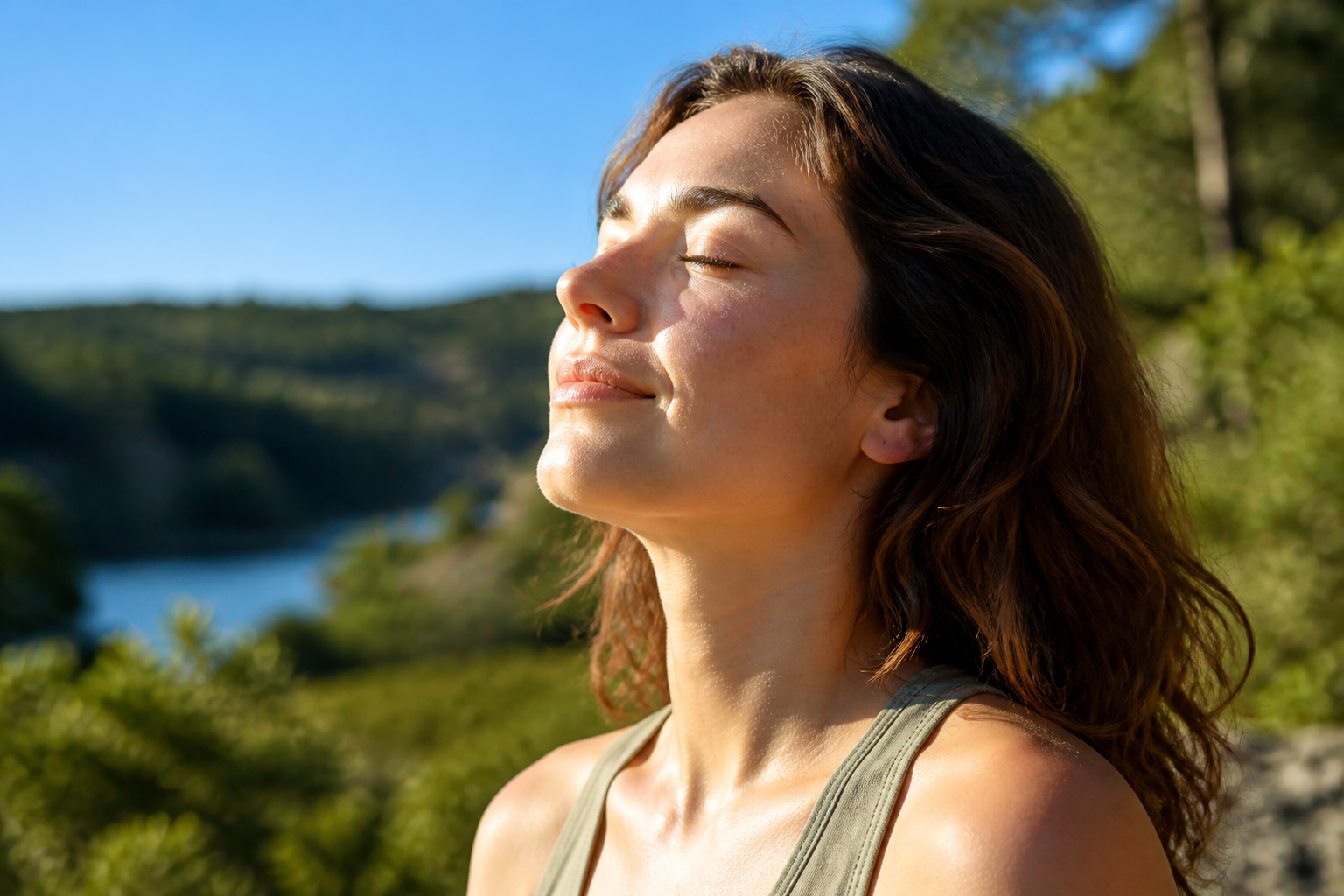 aufgaben der haut: Frau im natürlichen Sonnenlicht zur Aktivierung der körpereigenen Vitamin-D-Synthese über die Haut