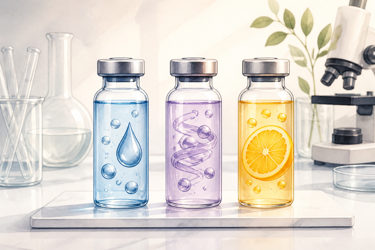 Stilisierte Darstellung von drei Fläschchen für Hyaluron, Retinol und Vitamin C, die deren individuelle Wirkweisen symbolisieren.
